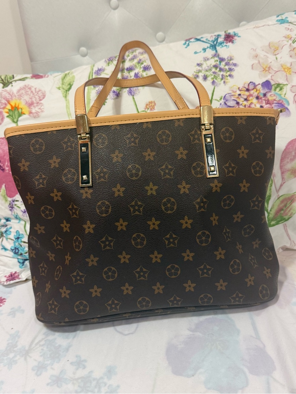 Designer-Style Brown Tote Bag with Tan Trimard
